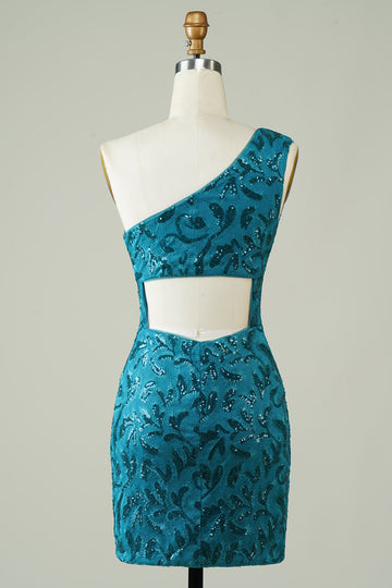 Blue One Shoulder Tight Homecoming Dress con espalda hueca